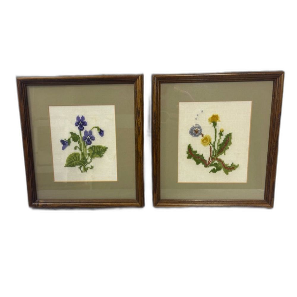 Vintage Cross Stitch Wild Flowers in Wood Frames Set Of 2 Cottage Core Farmhouse